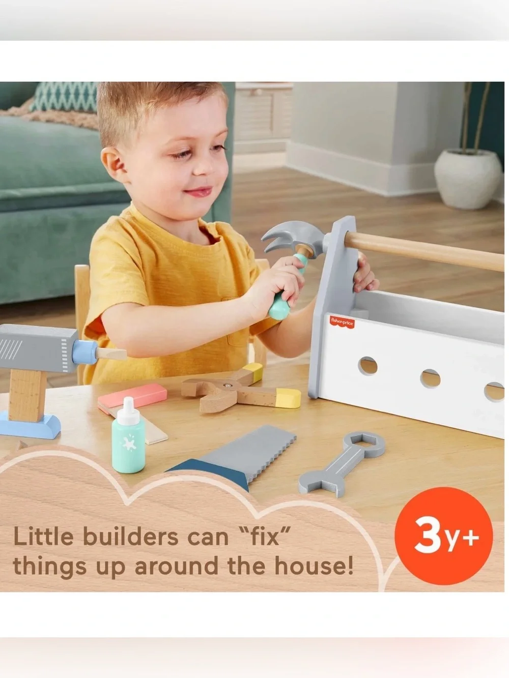 Fisher-Price Wooden Tool Box with Toy Drill Hammer Pliers Saw Wrench *NEW*